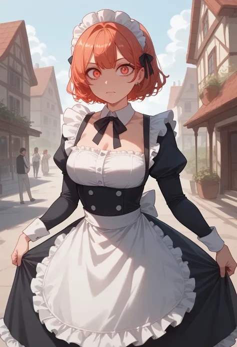 high quality、cute woman in maid outfit、 big boobs、sharp eye、western-style building