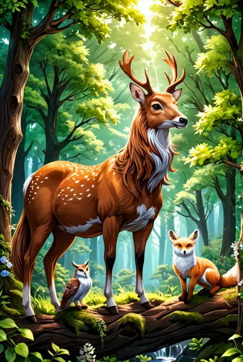 A beautiful Deer, a brown horse, a white owl, a beautiful fox all in wood nature, mesmerizing beautiful iphone wallpaper iphone Xr colorful and lively