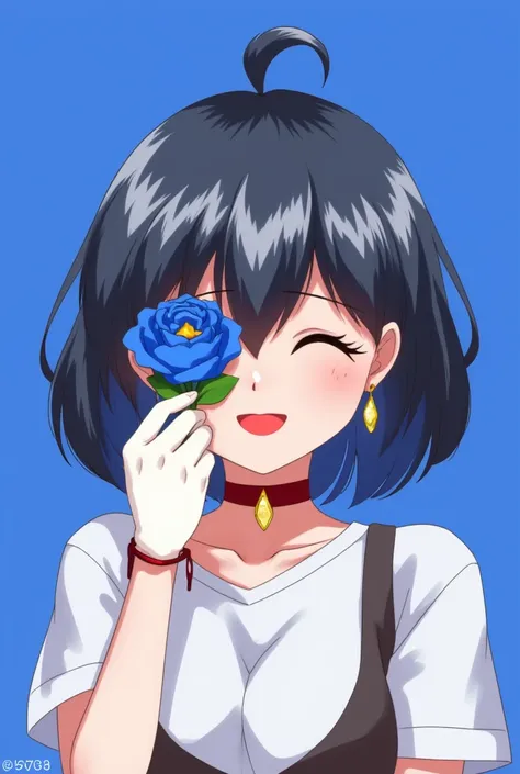 blue hair，1girl, alone, short hair, simple background, brown hair, black hair, holding, jewelry, collarbone, closed eyes, flower...