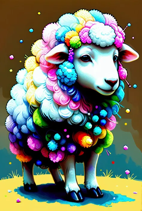 A sheep whose wool is all colored pom-poms and around her many pom-poms, pastel colors, color spots