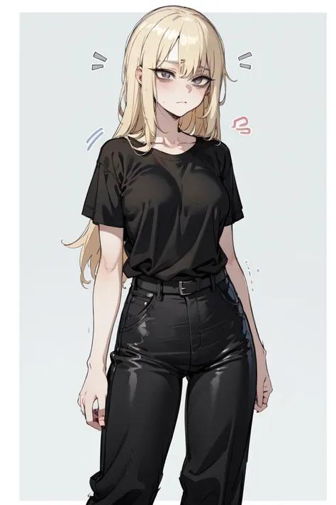 young woman, blonde,  long hair , gray eyes, black t-shirt, gray pants, wide pants, black belt, narcissistic, nervous, anime