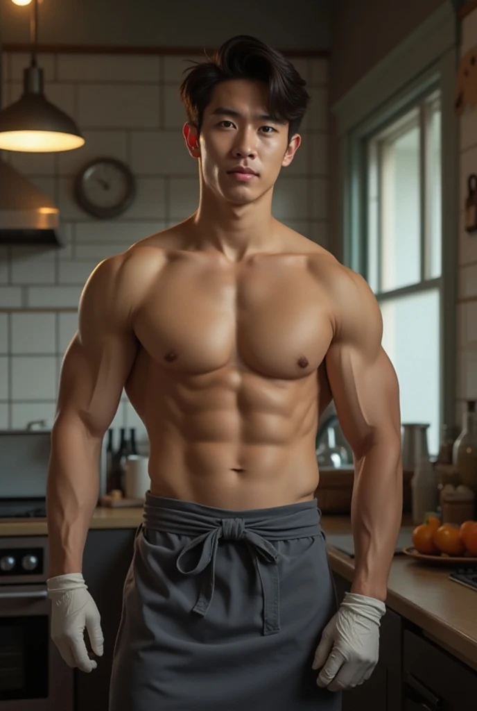 Handsome and sexy Korean man, teenager, shirtless, traveling doctor, cooking apron untied on one side and showing his sixpack, muscular, sixpack, young, front view, Korean idol, biceps and triceps, chef hat and chef gloves, realistic photo, realistic, 8k, ...