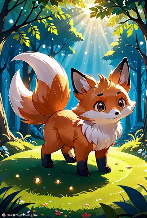  cute tiny hyperrealistic Anime red fox from pokemon, chibi, adorable and fluffy, logo design, cartoon, cinematic lighting effect, charming, 3D vector art, cute and quirky, fantasy art, bokeh, hand-drawn, digital painting, soft lighting, isometric style, 4...