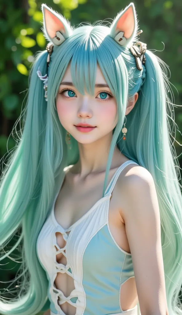 raw photo、blue-green hair,two-tailed horse, sexy,adorable,small eyes、expressionless,squat twintails、 hatsune miku、official art， ...