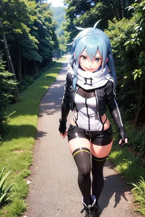 sshinono, blue hair, broad breath, light smile, gloves, shorts, fingerless gloves, scarf, short shorts, black shorts, anti-rifle...