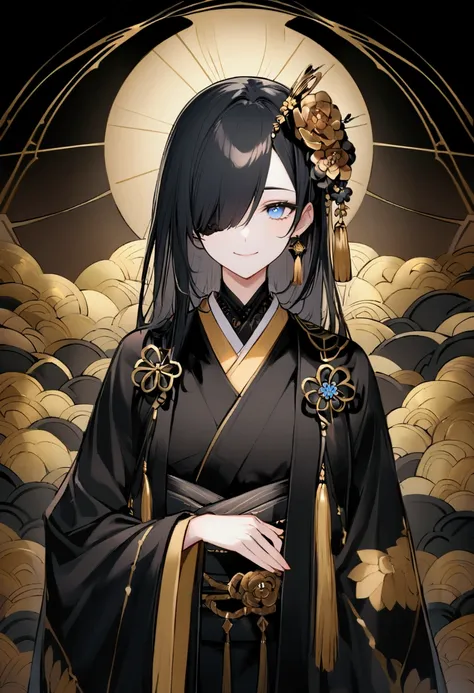 japanese。eyes。blue eye。 fragile and delicate features 。smile a little 。 long black hair 。 black kimono adorned with gold and bla...