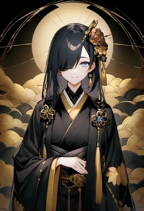 japanese。eyes。blue eye。strong features。smile a little 。 long black hair 。 black kimono adorned with gold and black jewelry( dres...