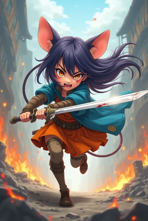 mouse ears, mouse tail, female, Orange eyes, full body, 168cm, gradient hair(skyblue, purple), background Broken Village(smoke, debris), action, adventurer, holding Excalibur, traditional_media, hair between eyes, orange skirt, blue robe, tatters, The Last...