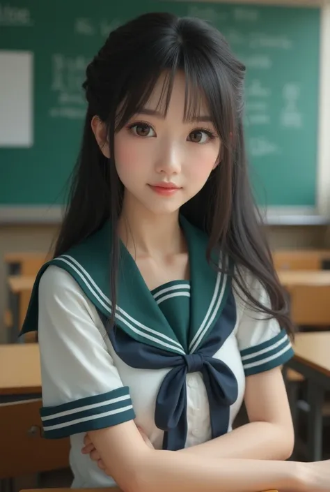 masterpiece,best quality,sharp focus,beautiful detailed hair,detailed skin,detailed face,photorealistic,1Japanese woman,17yo,beautiful,sailor school uniform,little smile,raw photo,class room,