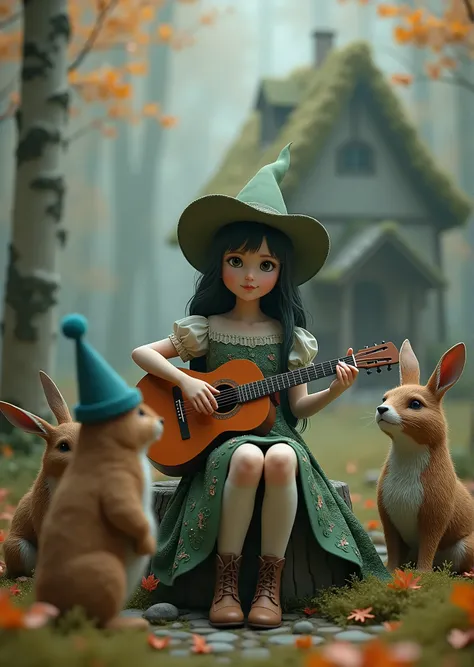  has an enchanting presence against the misty forest 、 high quality 3d rendering of a cute girl , Sit down in a mysterious forest. A fair-skinned girl , Dark green eyes,  wearing a chian hat , And autumn leaves.  she was wearing a green dress with lace, pa...