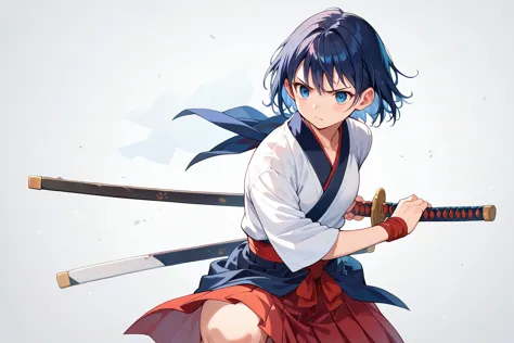 anime style, young female samurai, wielding katana, battle stance, determined expression, short dark blue hair, traditional mart...