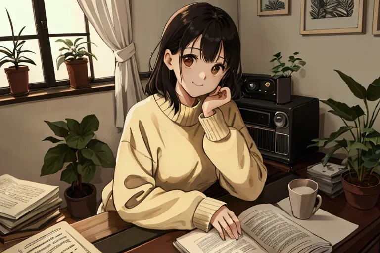 Inside the room at a gentle dusk 、 and {x} alone A character sits in front of an old record player。 she wears a loose sweater 、 she wears soft wool socks 。 books and foliage plants are scattered around 、 art is displayed on the wall 。 A warm orange light s...