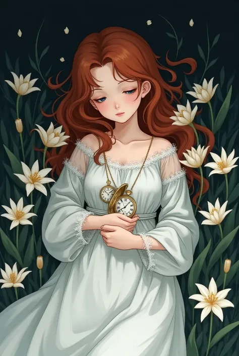  manga 
sleepy red-haired 18-year-old girl with half-open bright blue eyes in 18th century white robe, lying on a dark background in lilies with both hands on her chest in which pocket watches 