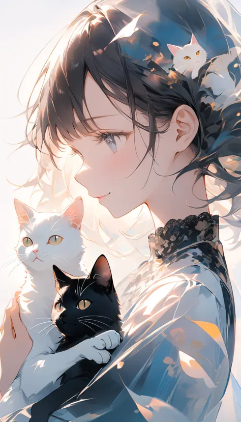 a girl with a happy expression holding a white cat and a black cat facing the side that seamlessly overlaps,double exposure