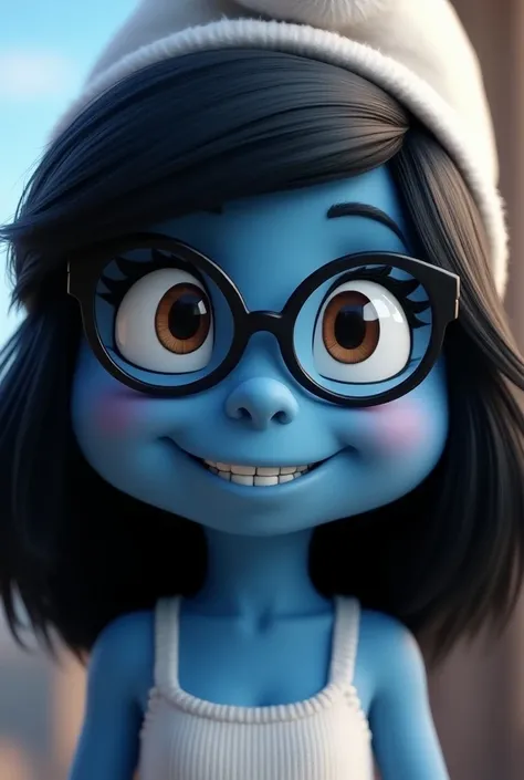 Head shot chuby smurfet black hair and black glasses