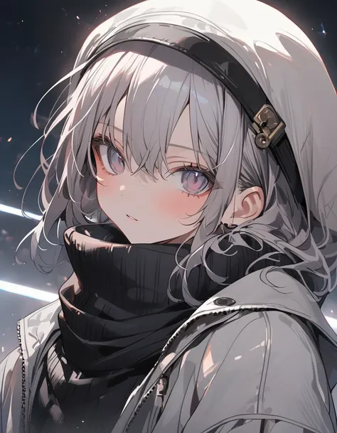  1 girl、Silver Hair、Grey Eyes、Slit eyes、Straight face、 muffler 、 muffler で口許を隠す。Coat