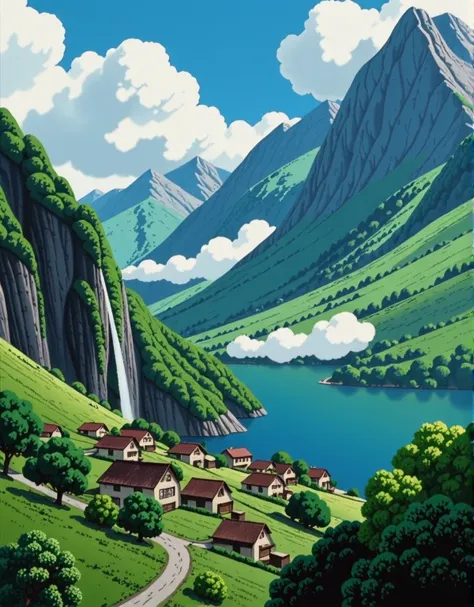 not studio ghibli style: 
 a magnificent valley . 
 with verdant forests ,  a village with simple houses at the bottom of the va...