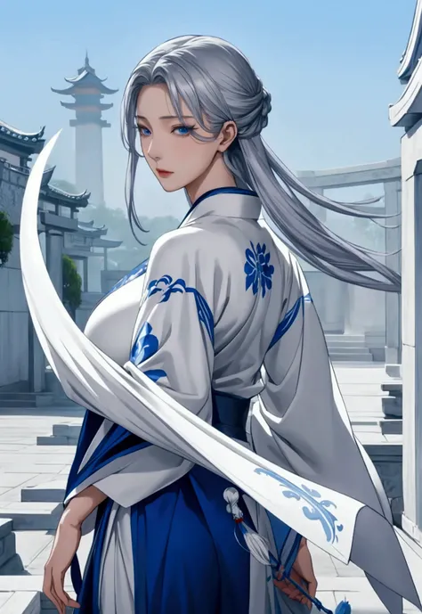 anime woman, mature, beautiful, silver hair, blue eyes, long tied hair, cold and elegant expression, wearing white hanfu, very gigantic breasts, xianxia art style, elegant, sword floating behind the back, taoist sect gate background,