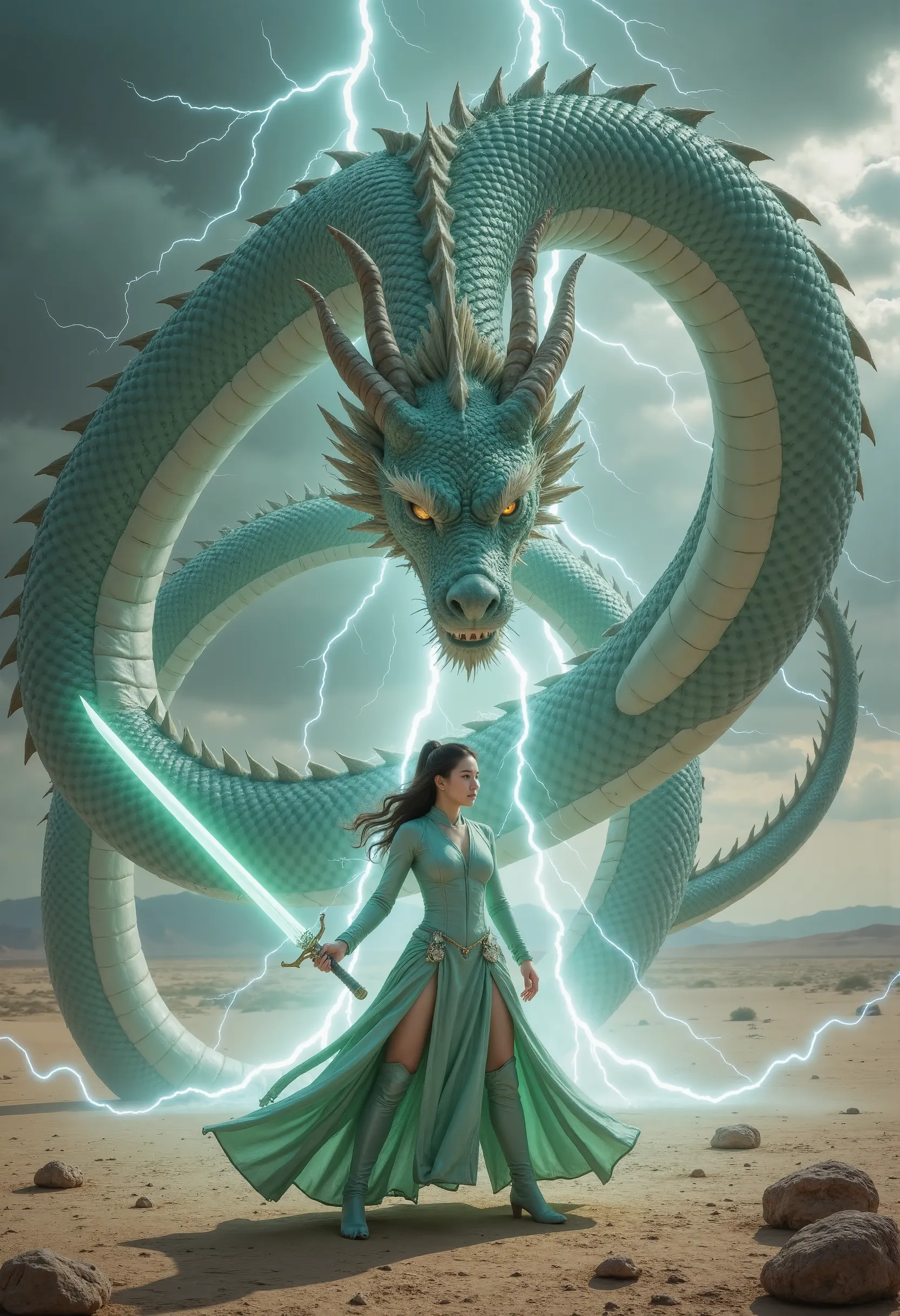   1 beautiful girl,   Unique， Behind them is a huge Chinese dragon，Dragons have dragon claws  ，lightning，desert，Wild Wind  ，Female Swordsman，Hand on the hilt，Emerald Blade Spark  ，Front view, whole body， (( Best quality)), ((masterpiece)), (( actual ))，  U...