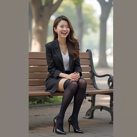 (Photorealism:1.2), ベトナムwoman&#39;Thick legs, １Kindergarten teacher in uniform, woman, 39;Office worker business uniform、With a smile、Laughter and chat、She is sitting in a chair in the park、Spread your legs a little。Ultra-realistic thick black socks that r...