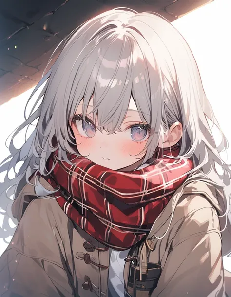  1 girl、Silver Hair、Grey Eyes、Slit eyes、Straight face、 muffler 、 muffler で口許が隠れている、 duffle coat 