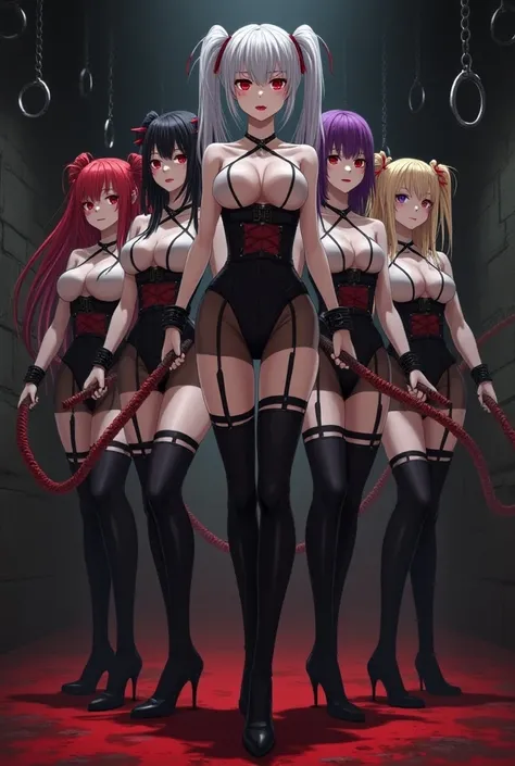  a dark, bloody medieval European-style basement 、BDSM、 Restraints for hanging something from the ceiling 、Decorate the wall with normal sized handcuffs and whips 、Evil female executive、SM Queen、 is a twin tail hairstyle、 Shortcuts、Long Hair Randomly 、Red ...