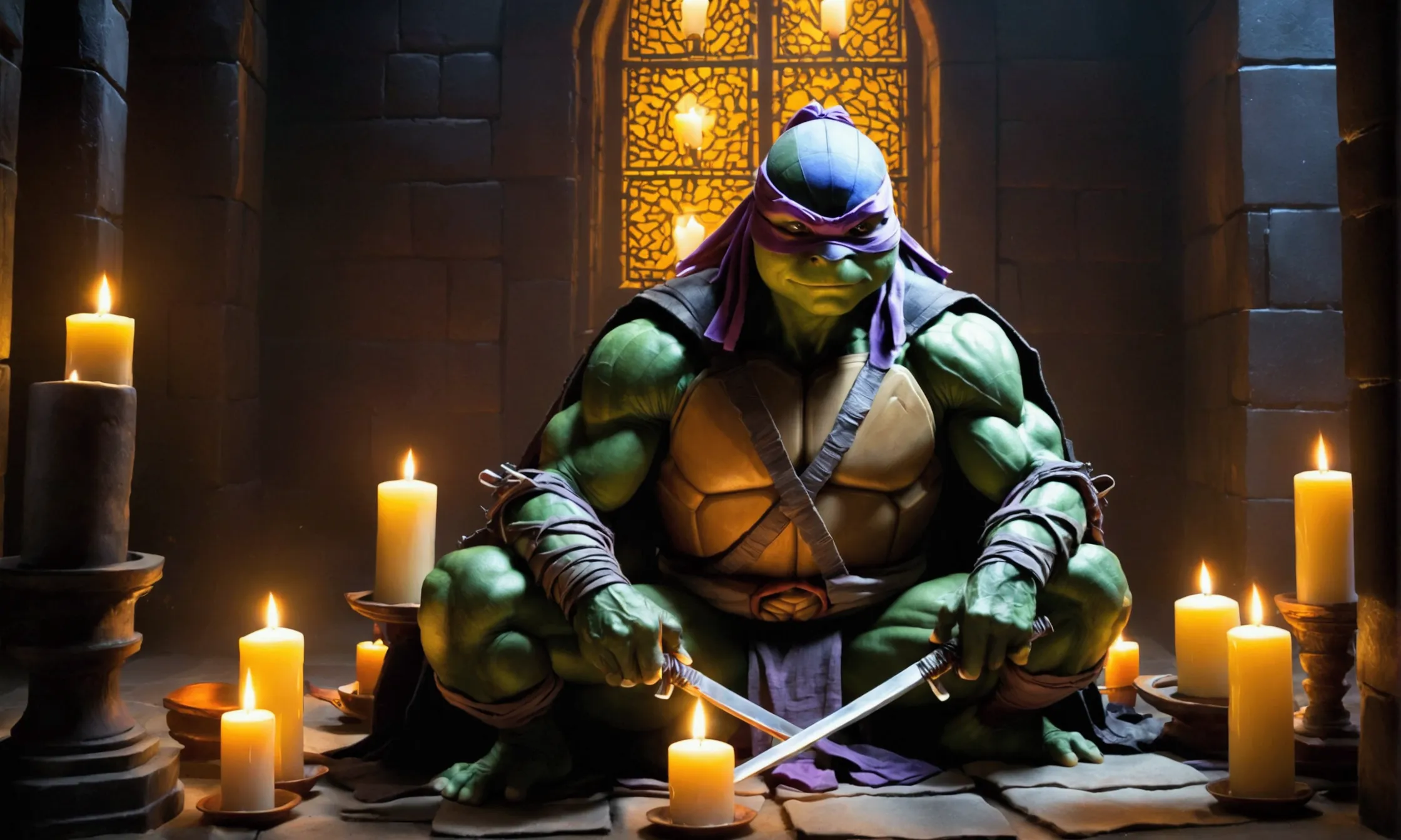 (teenage mutant ninja turtles) the shredder sits in a meditation chamber lit by candles, photos of the ninja turtles in front of...