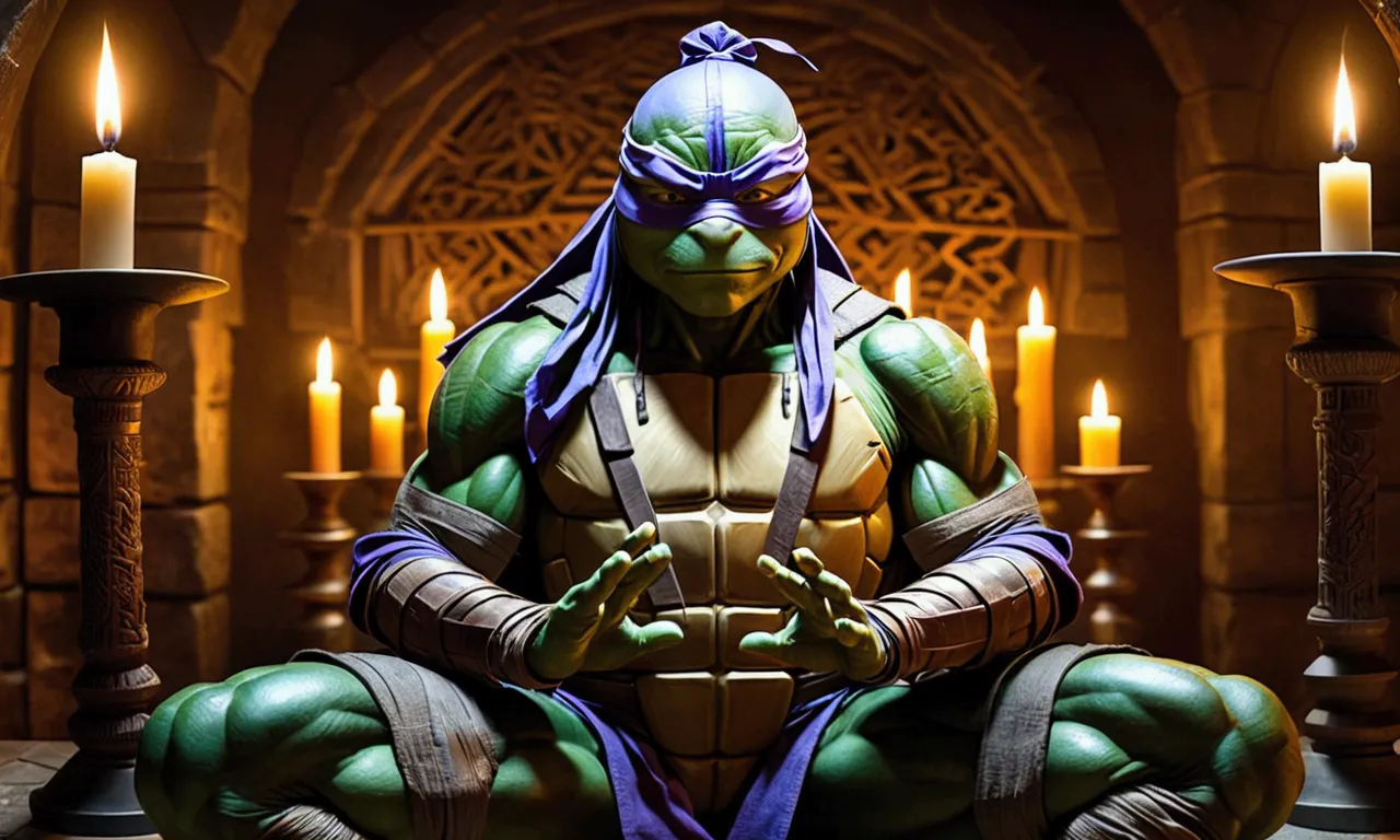 (teenage mutant ninja turtles) the shredder sits in a meditation chamber lit by candles, photos of the ninja turtles in front of...