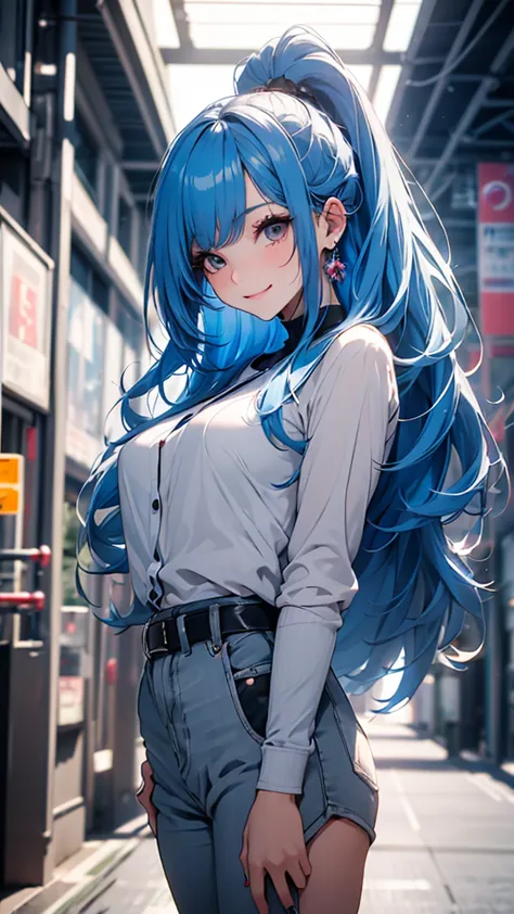 ( best quality , 8k, 32k, masterpiece,  ultra high resolution:1.2), young energetic girl, petite body, blue hair long hair,  whi...