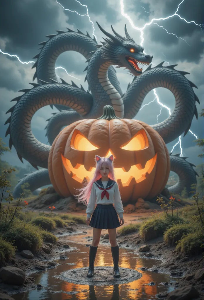 1 woman, with a chinese dragon behind，lightning thunder，there is a chinese dragon behind the huge pumpkin house ，direction, silv...