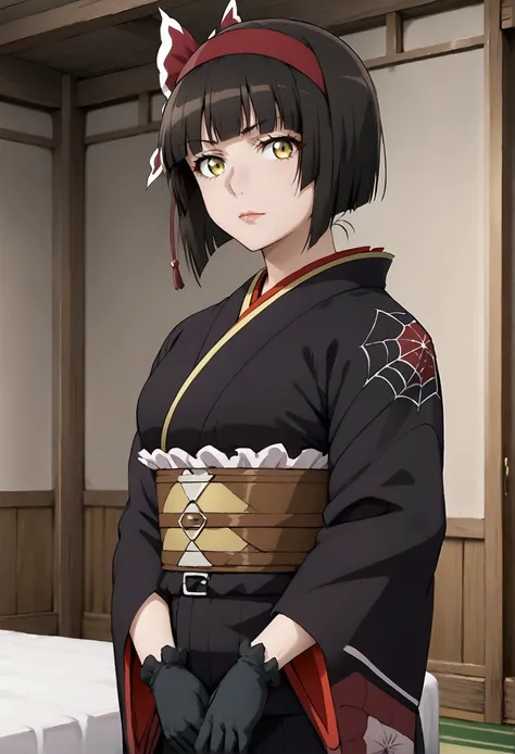 tsukimio, headband, kimono, obi, black gloves, yellow eyes, black hair, stand, confident pose, room, arrogant attitude, displeas...