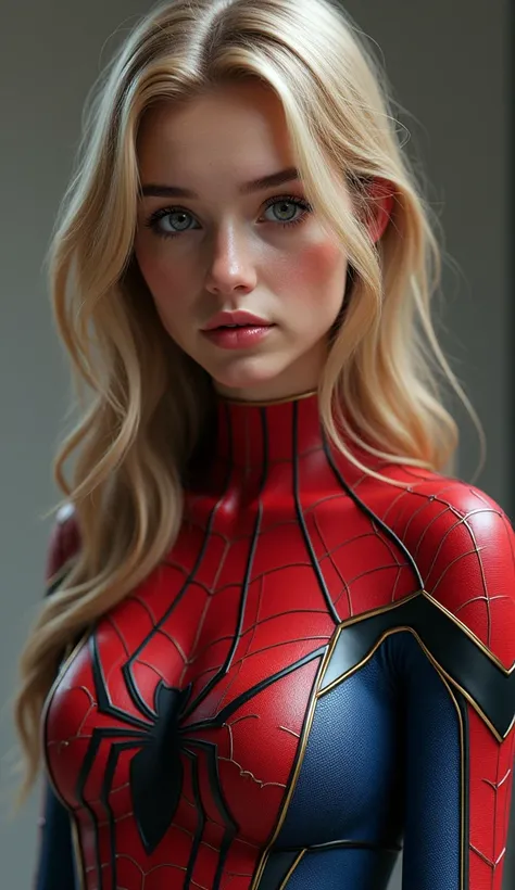 teen, European, blonde, small breasts, big eyes, close-up on breasts, long legs, Spider-man suit, ray tracing, HDR, visible breasts