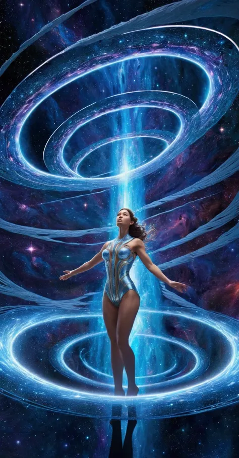 Create a detailed 3D style image of a feminine figure with divine attributes, in a varied pose and displaying unique ethereal qualities, set against the backdrop of a space wormhole. This design should visualize the concept of a divine figure navigating or...