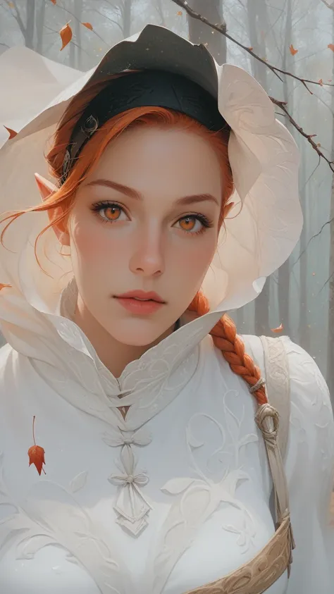 score_9, score_8_up, score_7_up, (masterpiece, UHD, 8K, 16K, ultra detailed), sfw, upperbody shot, 1girl, elf, orange eyes, one side braided hair, ginger hair, holding a red leaf, white dress with hood, intricate details, (murmuring leaves), (wind:1.2), (m...