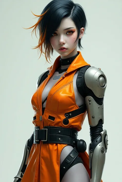 A young woman with light gray-blue skin and vivid orange eyes, with short black hair featuring bold orange streaks. She has a serious, determined expression and stands confidently, showcasing a futuristic/scrap adapted linbs, robotic left arm and left leg ...