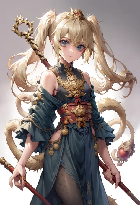 wukong girl, sexy clothes, light blonde hair, twin tail, golden headband, the magical staff, ruyi jingu bang, holding ruyi jingu...