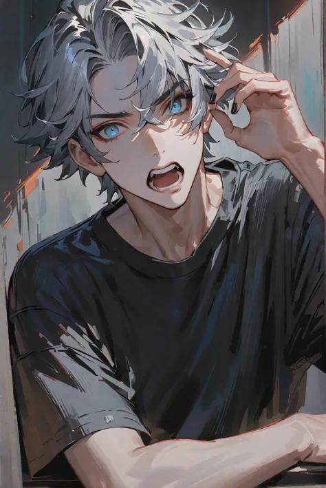 masterpiece, best quality, impasto, solo, 1 male, handsome, 25-years-old male, gloomy, short grey hair, pale blue eyes, black t-shirt, black nails, thin, astonished, open eyes wide, open mouth, upper body, looking at viewer, look anxious, dark ground