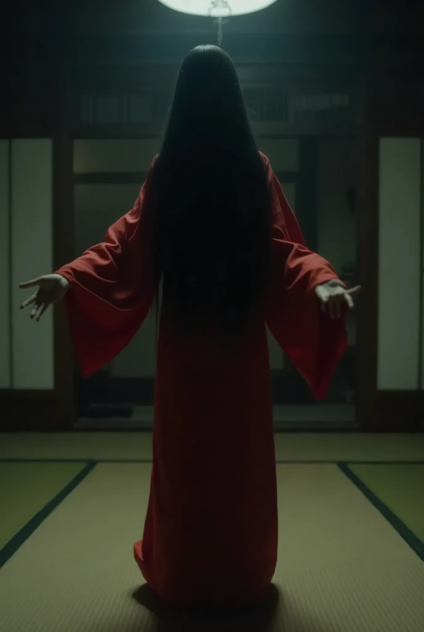 Cinematography, cinematic composition, low-key lighting, horror movie, a woman in crimson color kimono, she gaze down, long black hair cover all of her face, she floating in middle of the room, tatami room in background, sharp focus