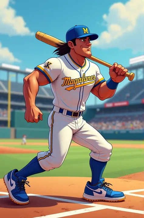  Design a Pixar-like drawing of a baseball player from the Navigantes del Magallanes team from Venezuela has to be muscular and friendly in the white and blue uniform with the name Magallanes in yellow on the chest the blue cap with the m in yellow,  weari...