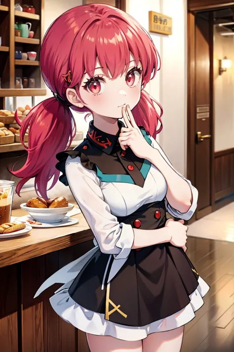 redhead ， red eyes，twin ponytails，long hair ， beautiful woman， maid costume，coffee shop background