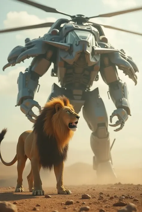  In a vast, desolate landscape, a formidable lion stands defiantly, its golden mane bristling in the wind. Towering above it, a menacing hybrid helicopter merges sleek technology with predatory design—sharp angles and a body resembling a predator, complete...