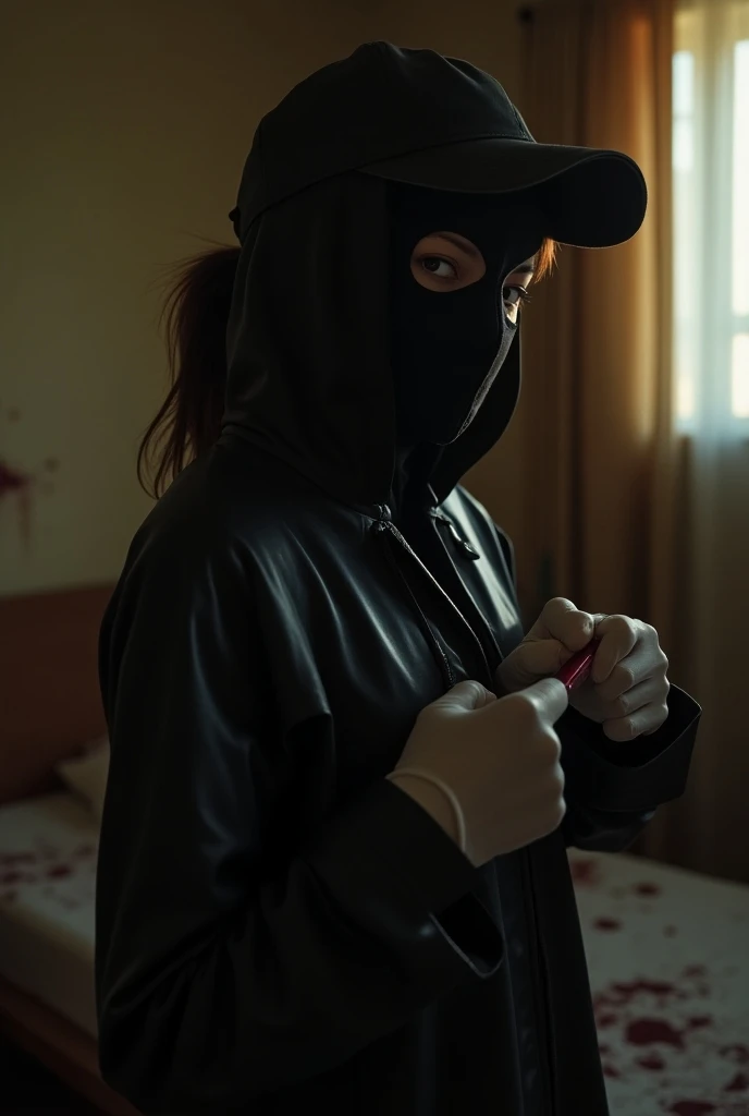 korean naked girl, (behind stiff, black balaclava mask), bloody knife, stabbing, white latex gloves, bloody room, bloody black raincoat, foodie, trucker hat, holding knife, bed room, latex gloves, hidden, blood splatter, low ponytail, black wet suit, night...