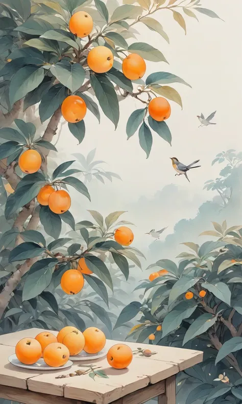 High definition and perfect picture quality,masterpiece,quadrangle courtyard,loquat trees full of loquats,sunlight falling through the leaves (a  and a ),wooden table and chair,with a pile of loquat fruits on the table,basking in the sun for leisure and vi...