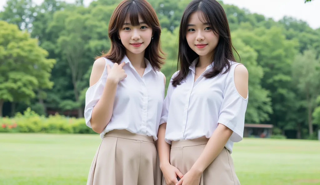 japanese, korean, asian teenage girls, 2 people, wearing open-shoulder, cropped-waisted shirts short low waist skirt age appropr...