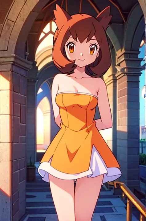 masterpiece, best quality, ultra-detailed, illustration, beautiful detailed eyes, very detailed illustration, cinematic lighting, 1 girl, solo, Pokemon Heroes (Bianca), Brown Hair, brown eyes, bare shoulders, strapless, an orange strapless tube dress, a or...