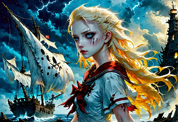 a fantasy art of a pale ghost of a female sailor haunting a wrecked ship, female ghost sailor, (pale white skin: 1.3), glowing eyes, wearing (tattered sailor uniforms: 1.2), ancient wrecked ship background, night time, stars in the sky, heavy clouds, sens...
