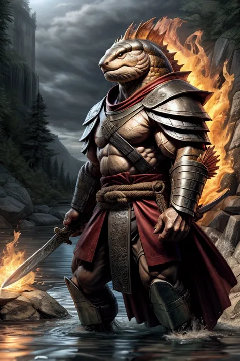 a giant carp with a human body, strong muscular body, dressed in samurai armor, swimming in a river of fire with a two-handed sword, protecting his honor.