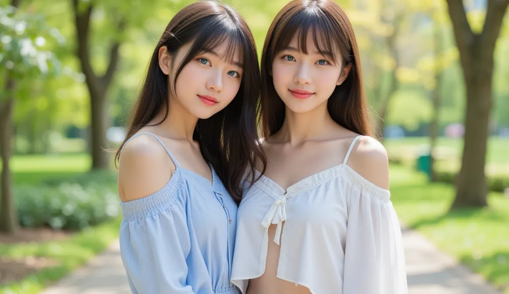 2 asian girls, dyed hair, blue eyes, cute smiles, open-shoulder cropped waisted shirts, short low waist skirts, standing in a be...