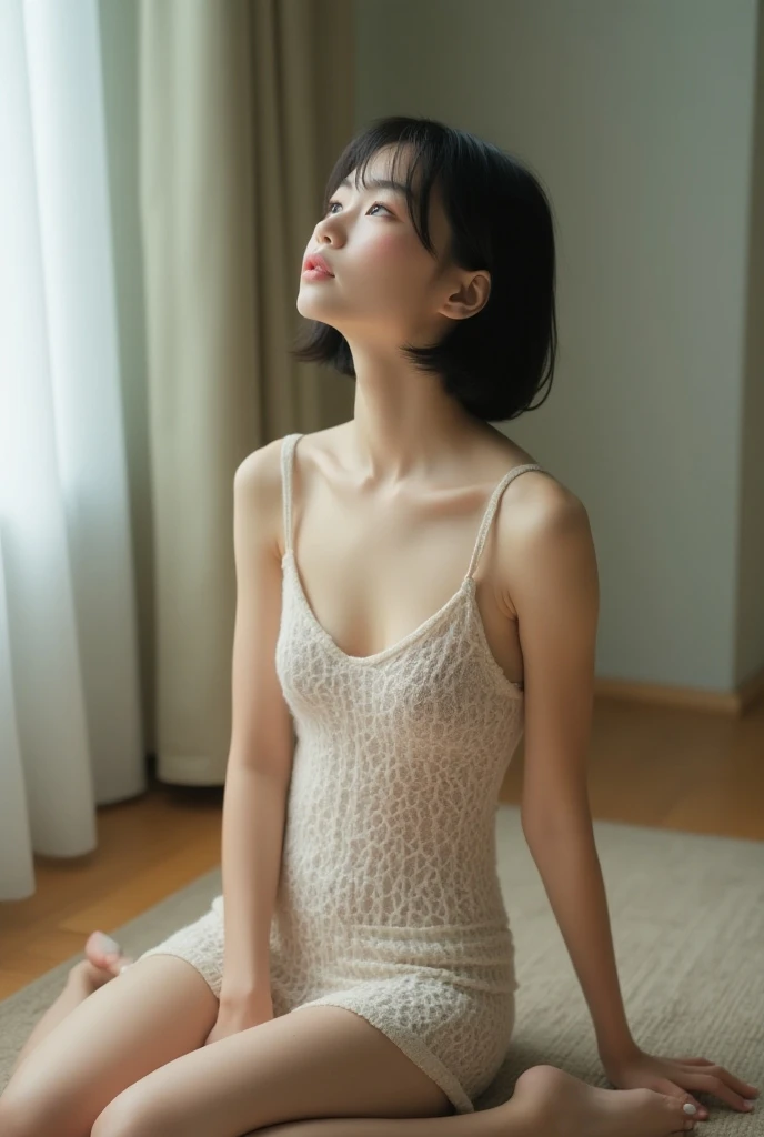 Wearing a tight, netted knit dress。
Japanese young girl。
 hairstyle is belly shortcut 。
The bust is quite small, petite, and delicate。
 sitting on the floor。
Looking upwards 。
Full-shot photo of a real-life image。