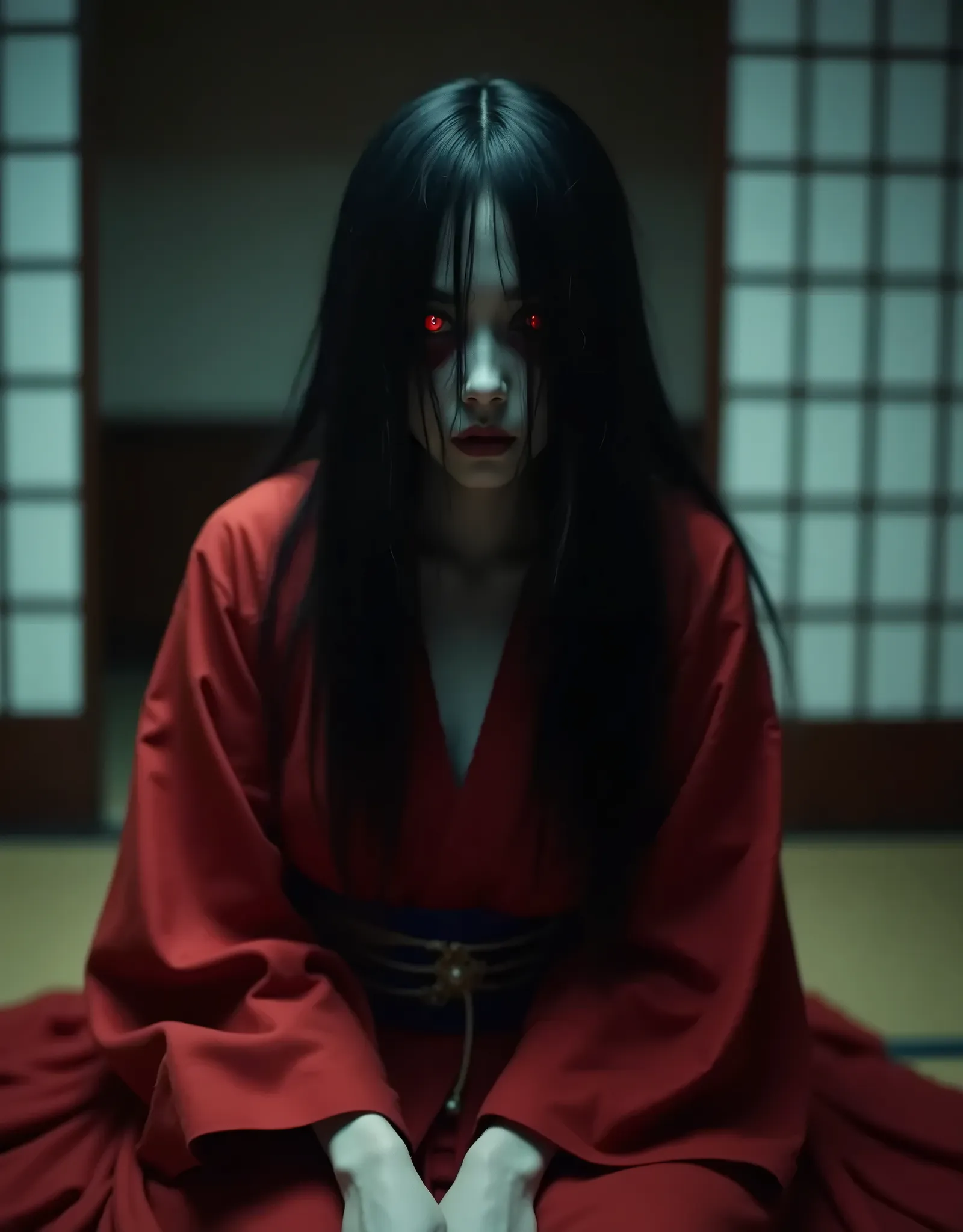 Cinematography, cinematic composition, low-key lighting, dramatic contrast, horror movie, close-up shot, a Japanese woman in crimson color kimono, Japanese kimono, Japanese ghost, gray skin, red eyes, long black hair cover all of her face, dark atmosphere, tatami room in background, sharp focus